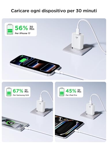 Detalle de Caricatore USB-C da 20 W Yosou con cavo da 2 m – ricarica rapida sicura per iPhone 17/16/15, Samsung Galaxy e altri dispositivi USB-C