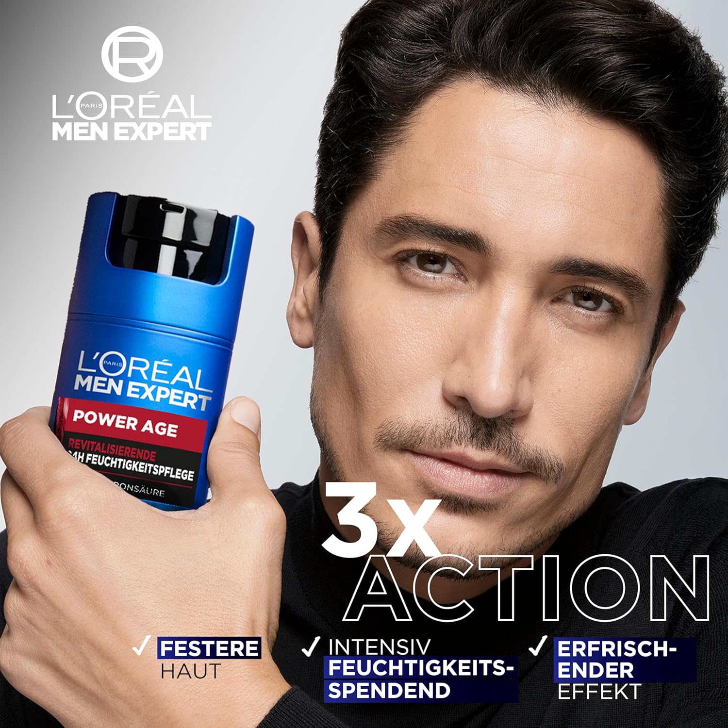 Detalle 2 de L'Oréal Men Expert Power Age Pflegeset gegen Falten – Feuchtigkeitspflege (50 ml) + Serum mit Hyaluronsäure (30 ml) für Männer