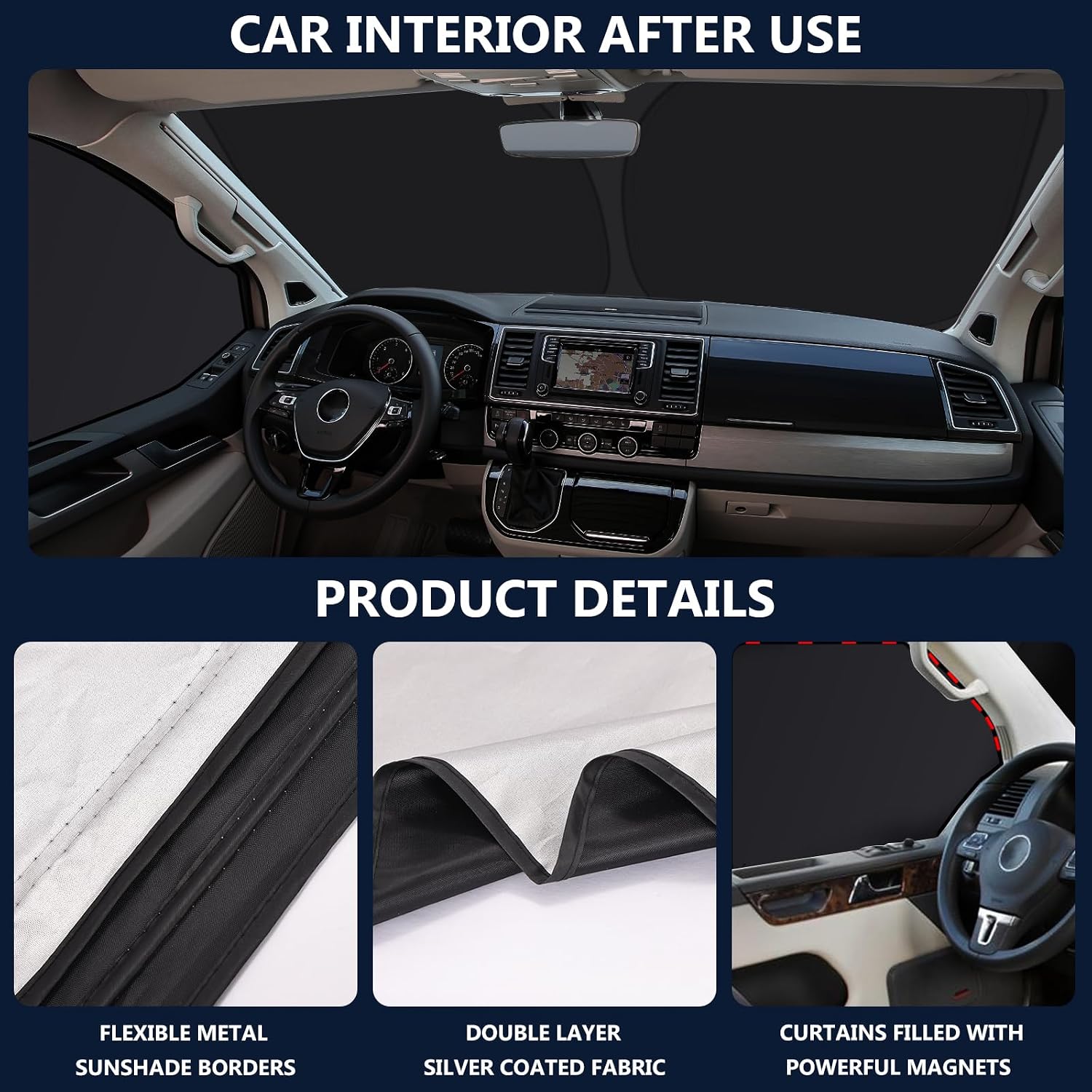 Detalle 2 de ZATOOTO Windscreen Cover for VW T5/T6 (3 Pieces) Magnetic Internal Thermal Blinds