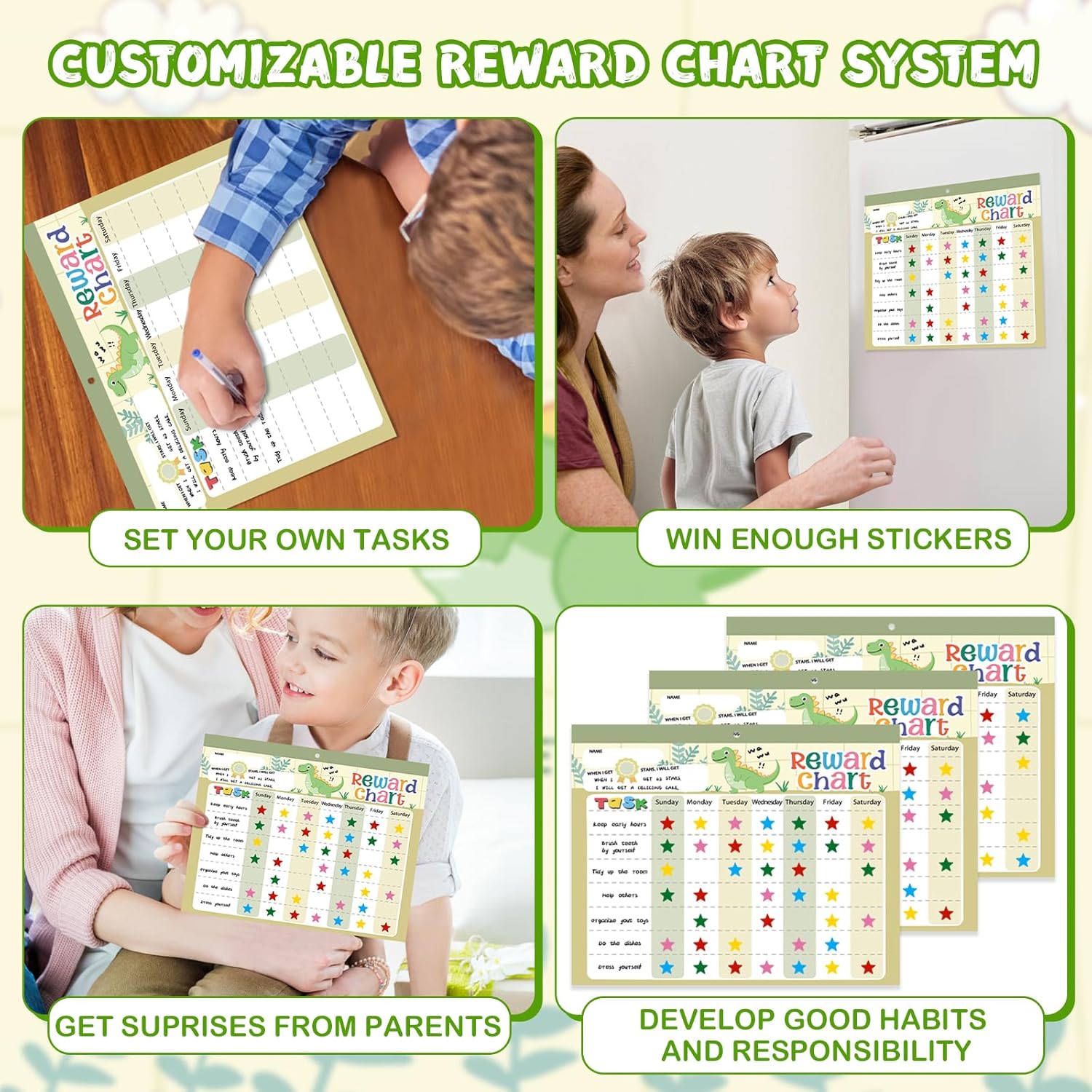 Detalle de khlerox Magnetic Reward Chart for Kids at Home (Dinosaur) with 26 Chore Charts & Star Stickers