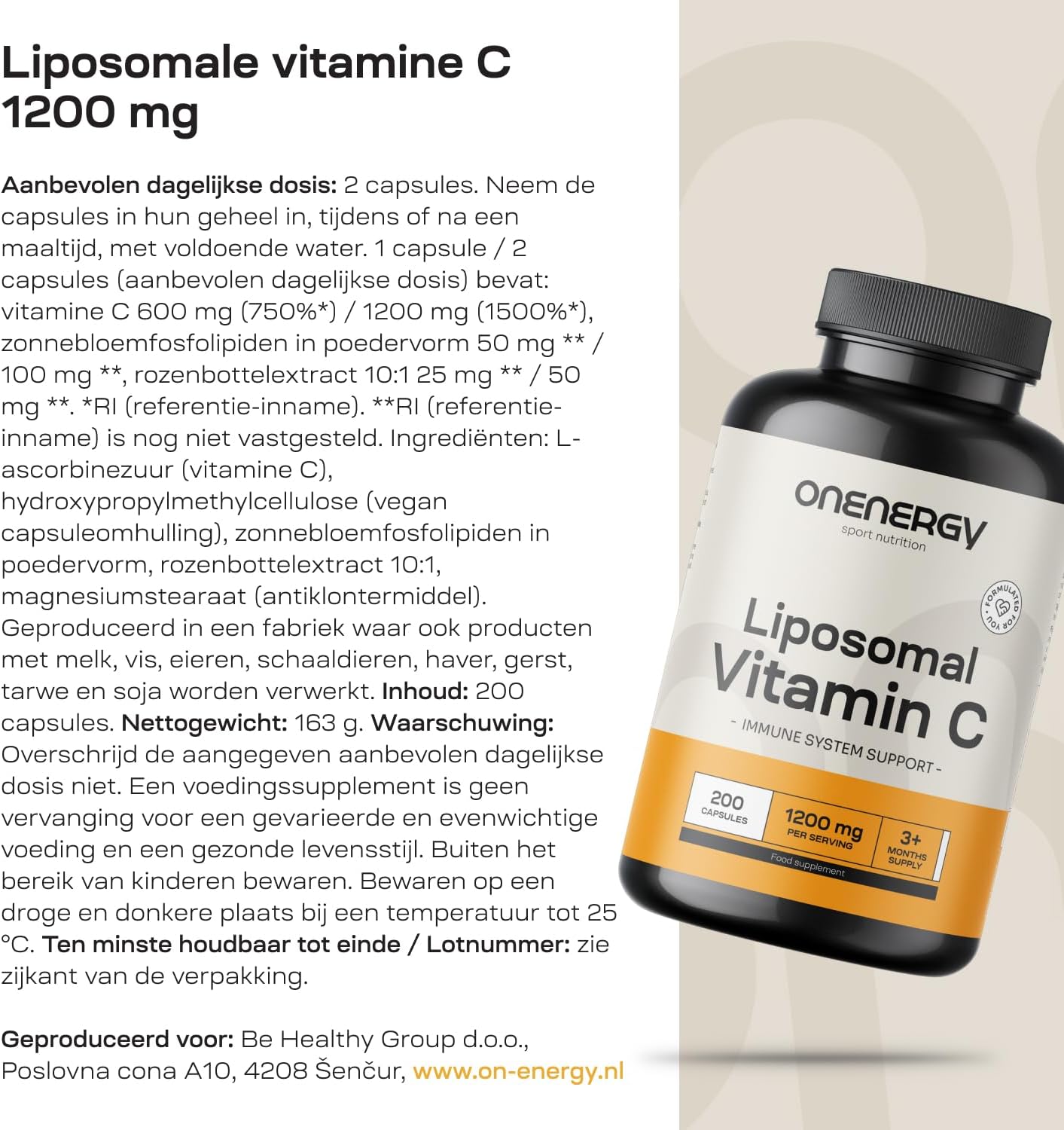 Detalle de OnEnergy Liposomale Vitamine C 1200 mg met rozenbottel, 200 capsules