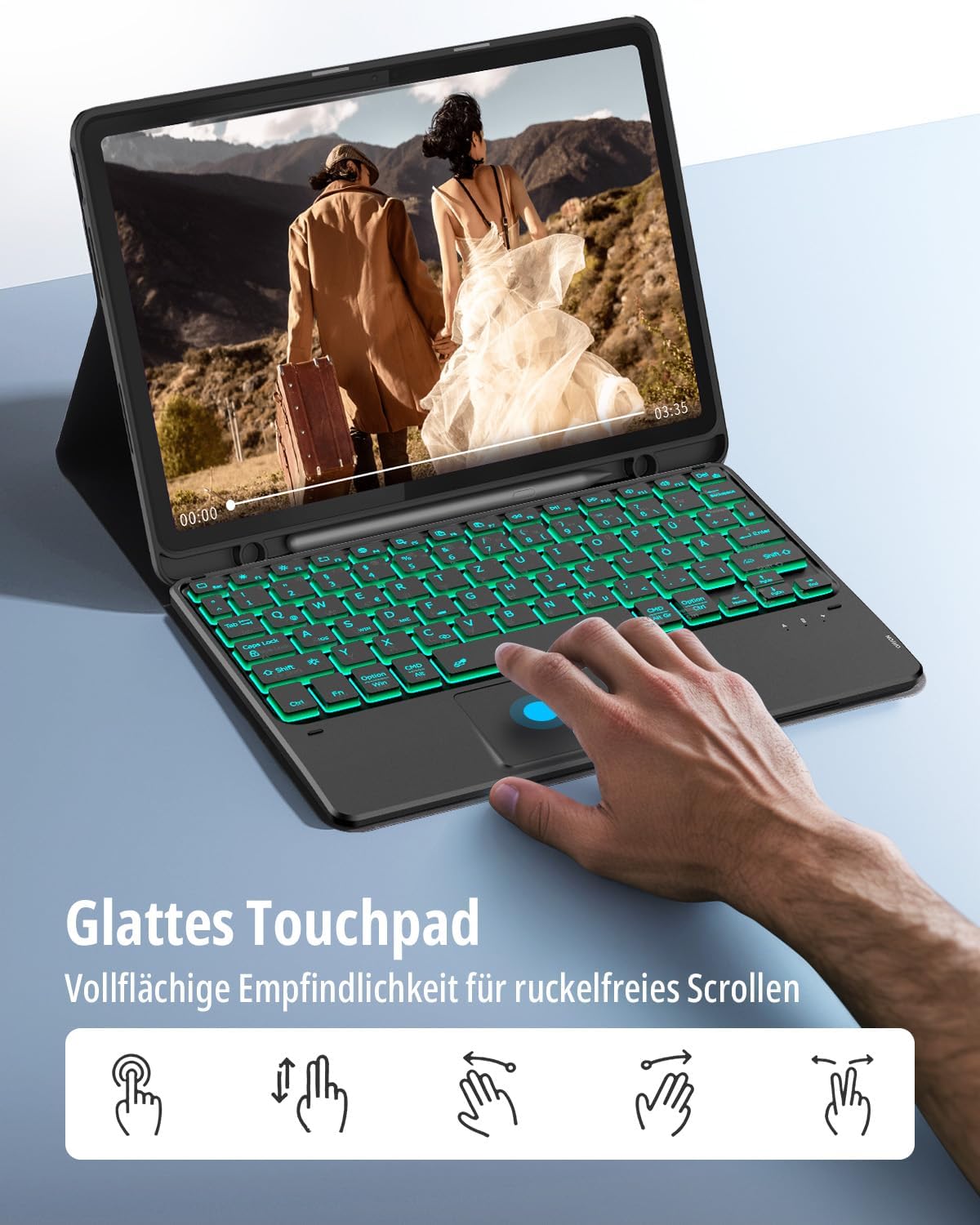 Detalle de CACOE Tastaturhülle mit Touchpad für Lenovo Idea Tab 2025 11" (TB-336ZU/TB-336FU) – QWERTZ, 7-farbige Beleuchtung, abnehmbar