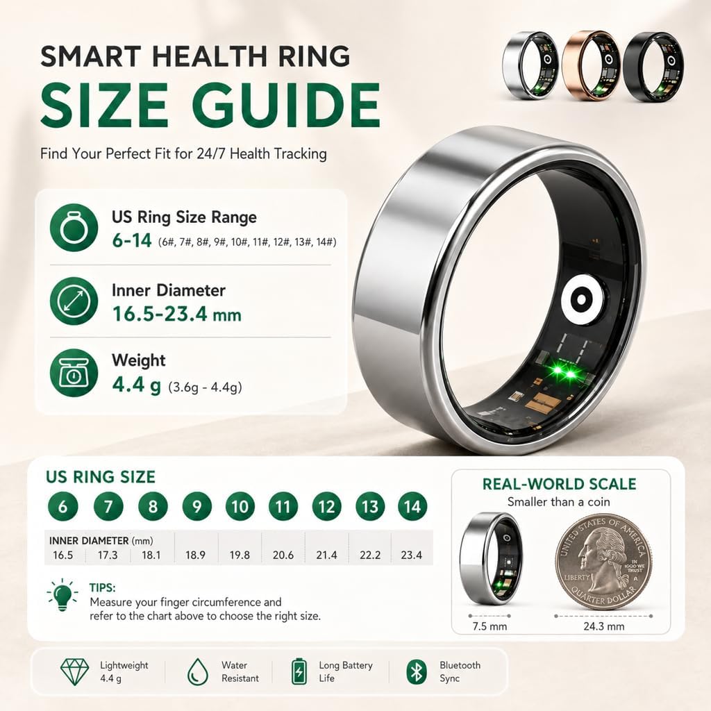 Detalle 2 de ZBNMY Smart Ring, Black Size 8, Sleep Tracking, IP68 Waterproof, 5–7-Day Battery