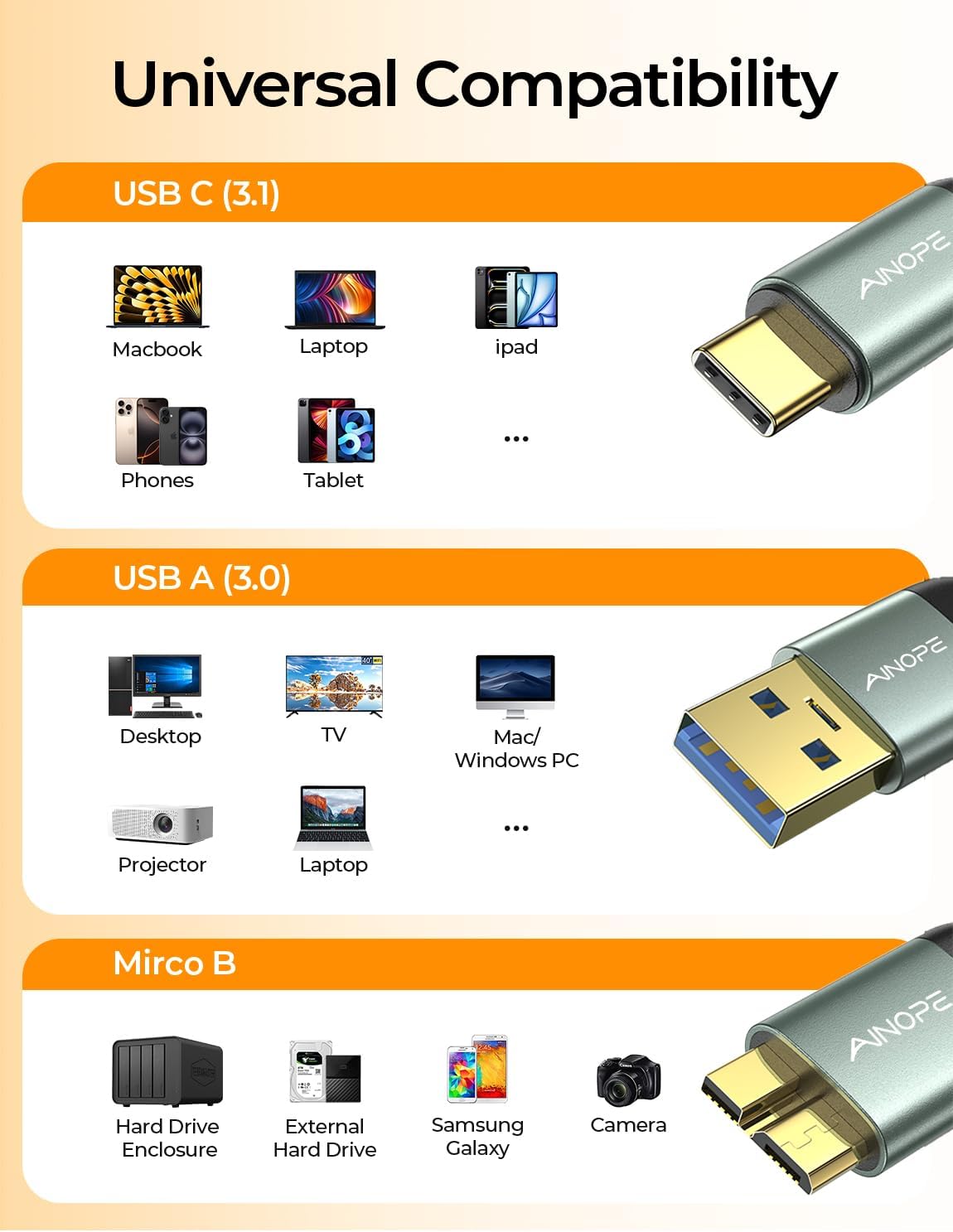 Thumbnail 6 de AINOPE Hard Drive Cable: Sturdy Nylon Braided USB 3.0 Micro B to USB A/C