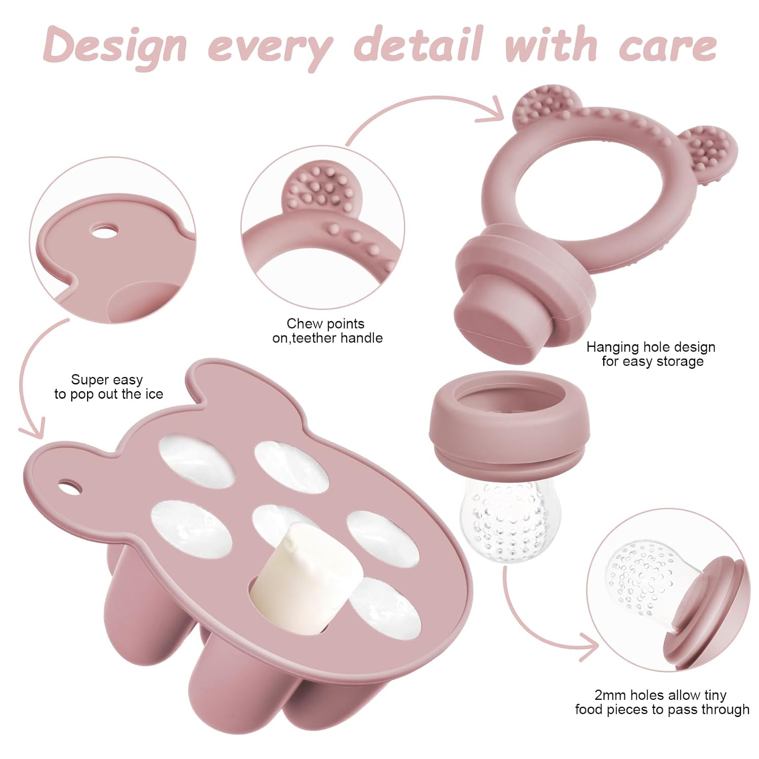Detalle de Aolso Silikon Fruchtsauger Baby – Set aus Fruchtsauger, Aufbewahrungsbehälter und Eis-am-Stiel-Formen, Rosa