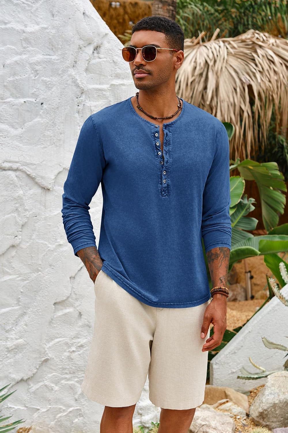 Detalle 2 de Beotyshow Herren Henley-Langarmshirt (Slim Fit) aus Baumwolle – Vintage Casual mit Knopfleiste