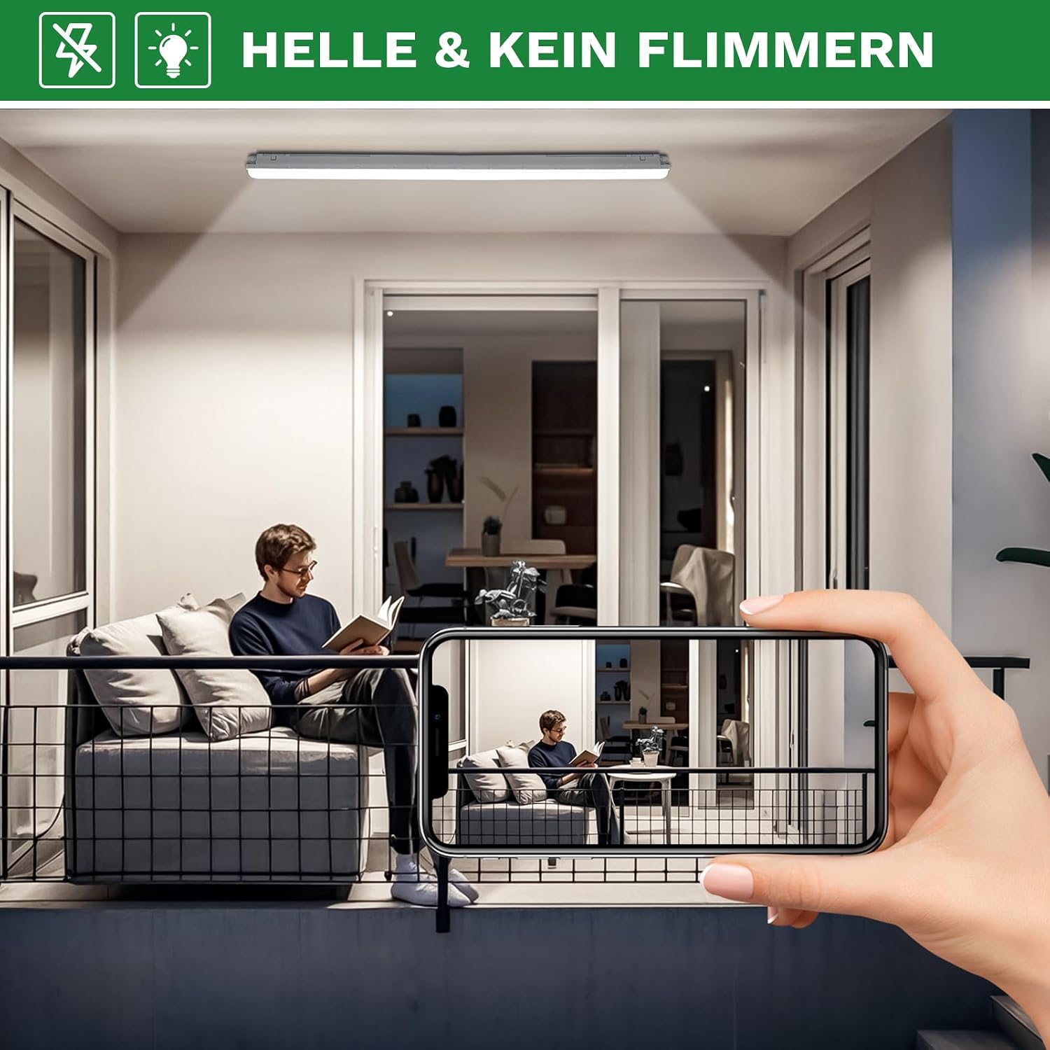 Detalle de TONFFI Feuchtraumleuchte LED 60 cm (6000 K, IP65, 2250 lm) – verknüpfbar für Keller, Garage & Werkstatt