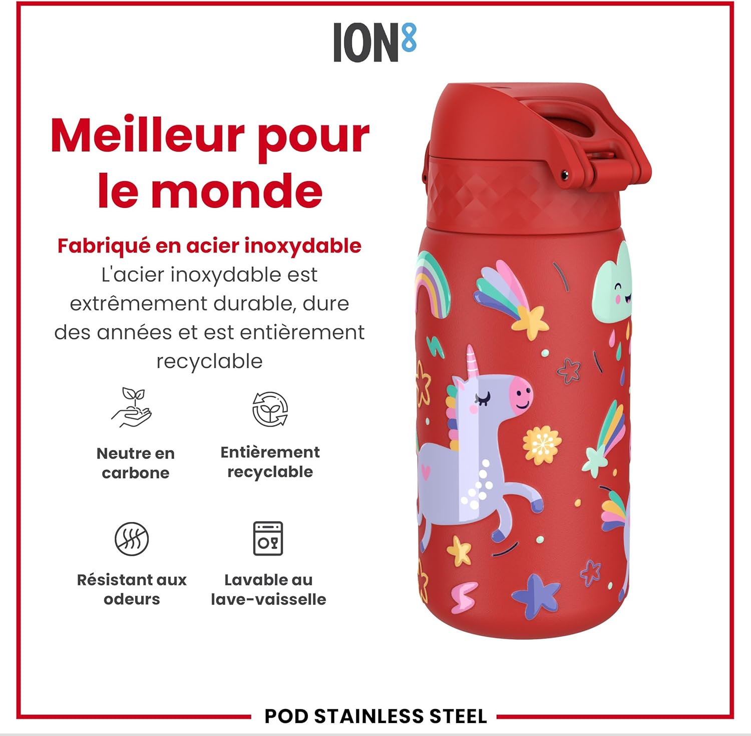 Detalle de ION8 Gourde Enfant – Anti-Fuite, Ouverture Facile et Verrouillage Sécurisé, Lavable au Lave-Vaisselle, Motif Licornes