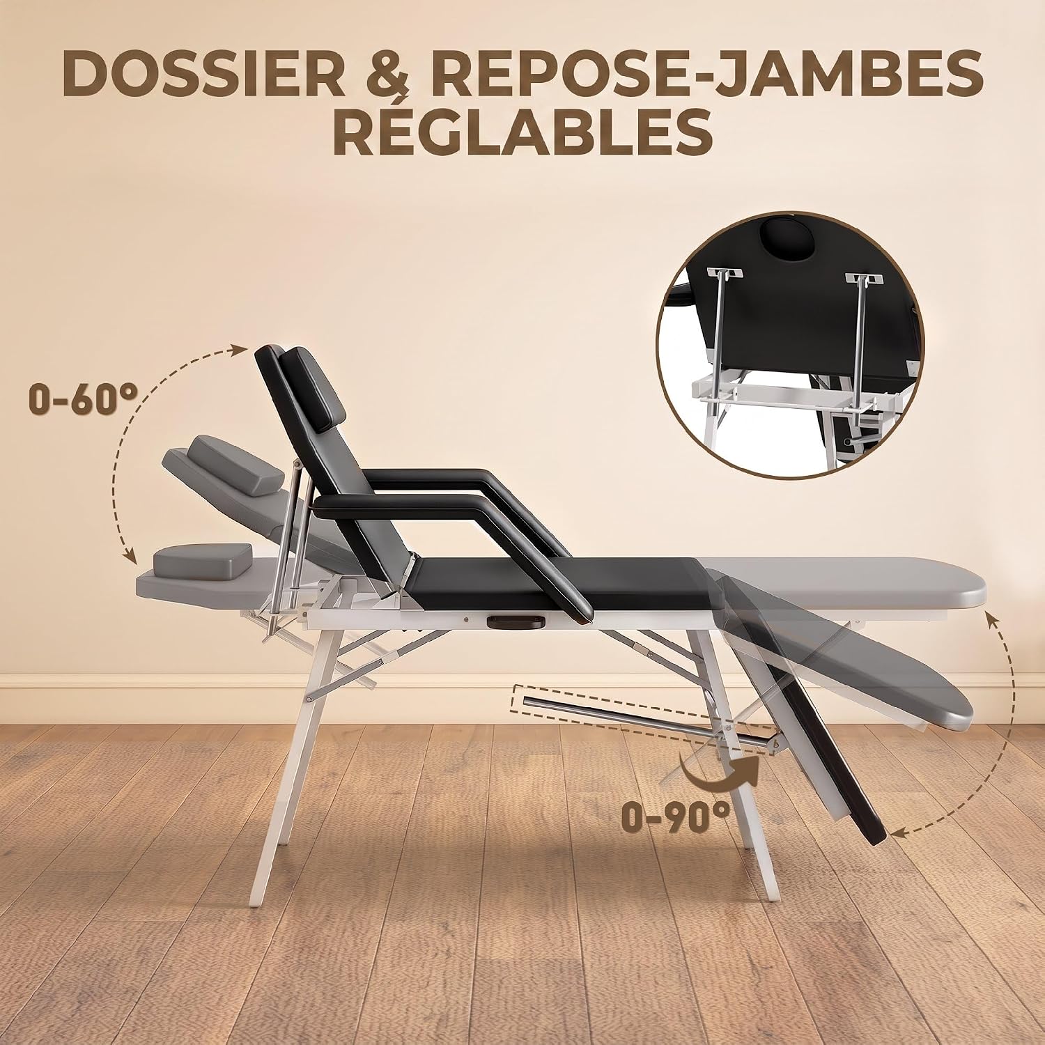 Detalle de HOMCOM 503-028V00BK opvouwbare massagetafel, 3 zones, zwart