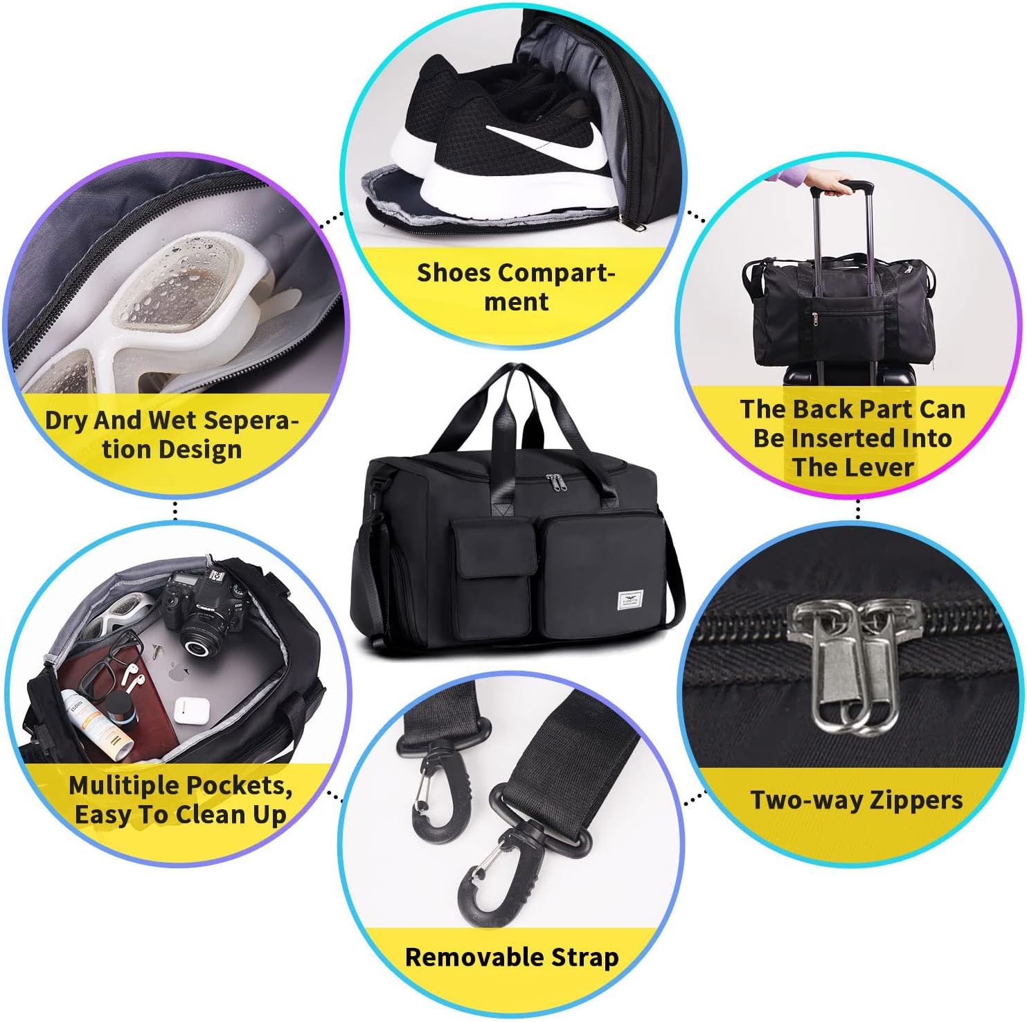 Detalle de Fioretto FIORETTO 35L Damen Sporttasche: faltbare Reisetasche mit Schuhfach & Nassfach