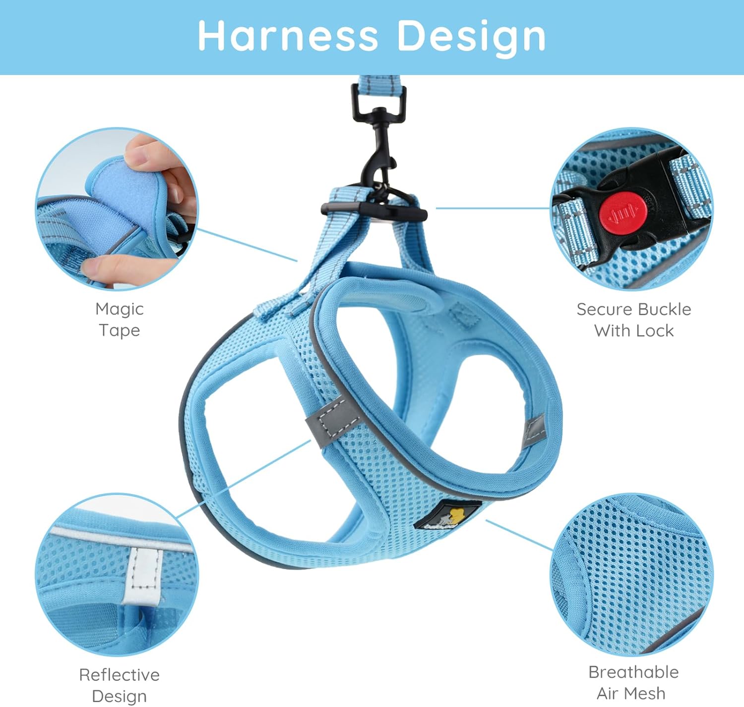 Detalle de BELLA & PAL Step-in Dog Harness and Leash Set (XS) for extra small dogs – Breathable mesh, reflective safety strips