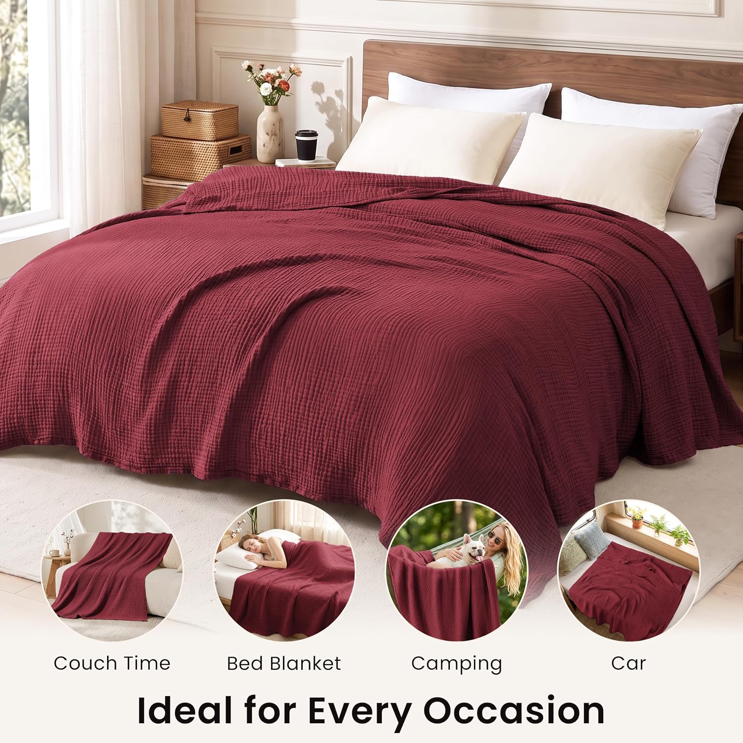 Detalle 2 de Love's Cabin 100% Cotton Muslin Blanket — 6-Layer Lightweight Gauze Queen (90 x 90 Inches), Wine Red