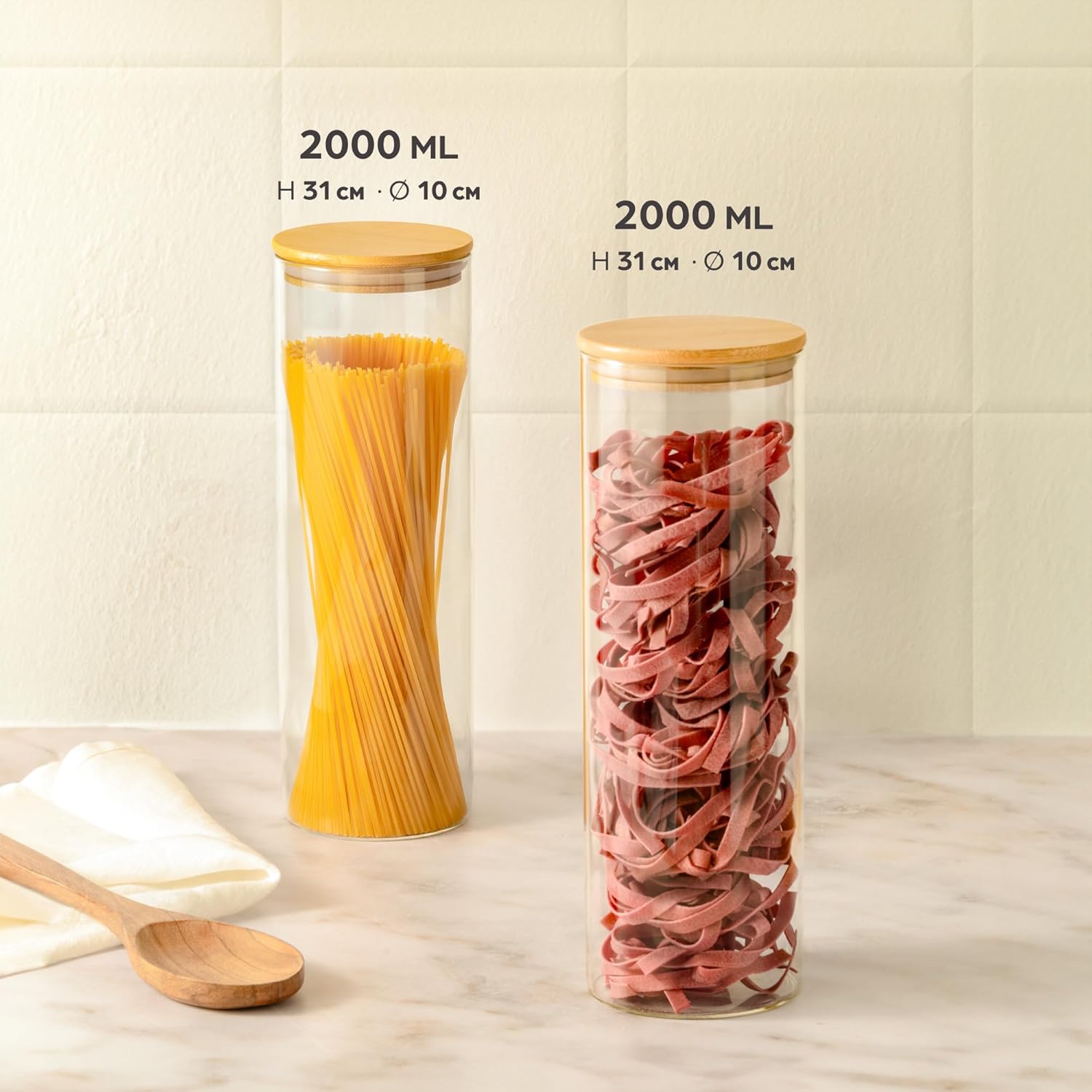 Detalle de Praknu Vorratsdosen mit Deckel für Spaghetti 2er Set – luftdicht, 30 cm Höhe, Bambusdeckel, spülmaschinenfest