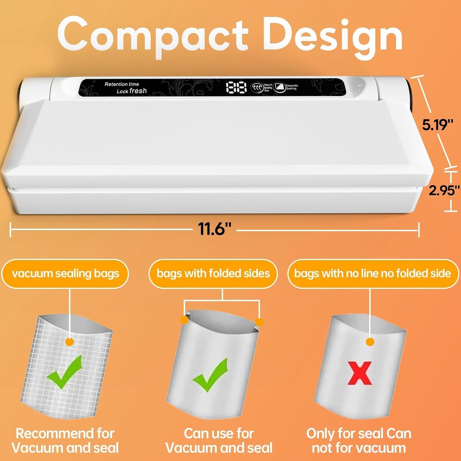 Thumbnail 2 de Compact Food Vacuum Sealer Machine with 75KPA Suction — Dry & Moist Modes, LED Timer, 20 Bags Included