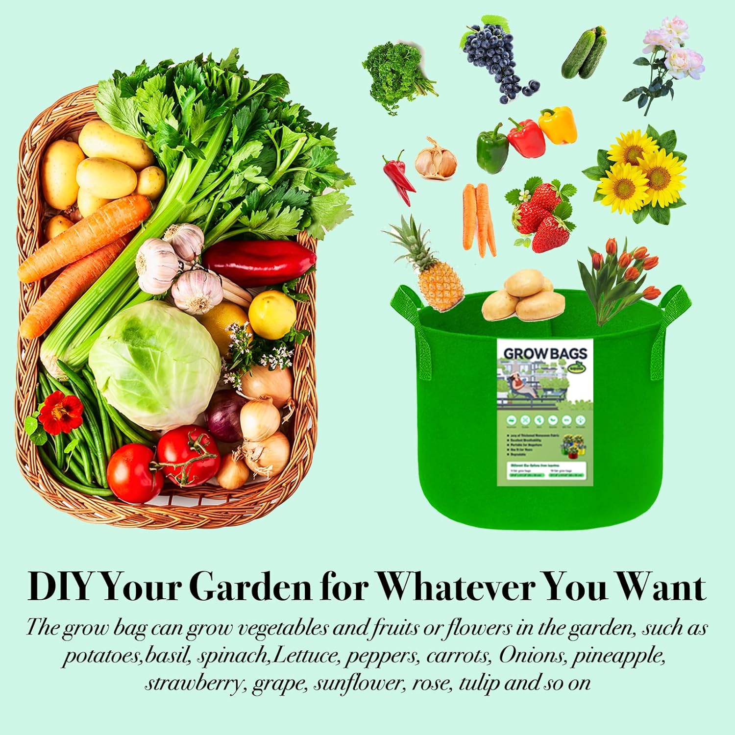 Thumbnail 2 de VJJXUU 5-pack 10-gallon felt grow bags for tomatoes, vegetables & flowers (colourful fabric plant pots)