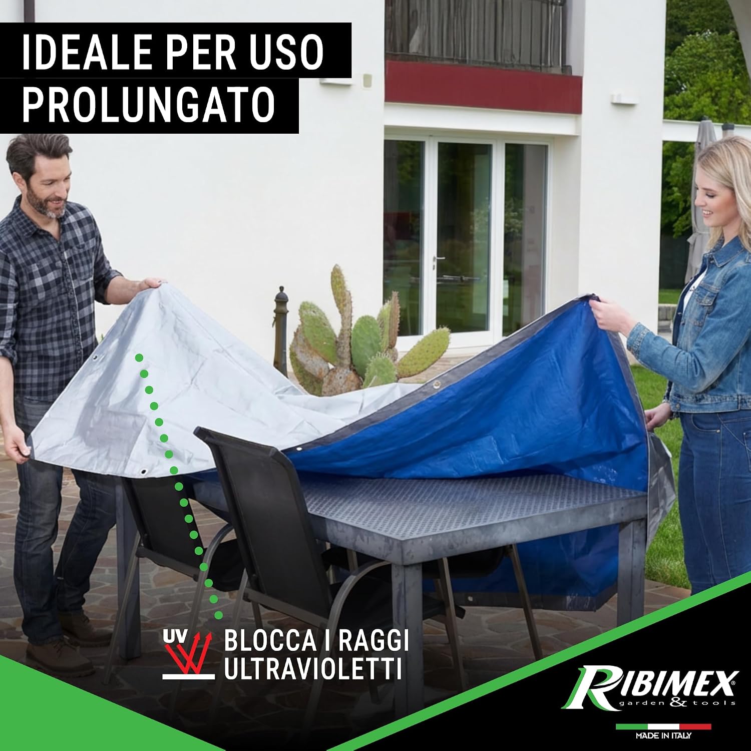 Detalle de Ribimex Telone Impermeabile per Esterno PRO 5x8 m – Protezione affidabile in polietilene 250 g/m² con occhielli in alluminio