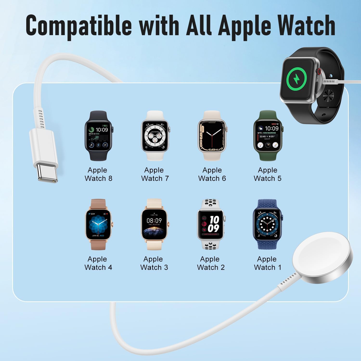 Thumbnail 5 de USB‑C Apple Watch Ladekabel (1 m) im 2er‑Pack – magnetisches Schnellladekabel kompatibel mit Series 10/9/8/7/6/SE/5/4/3/Ultra/Ultra 2