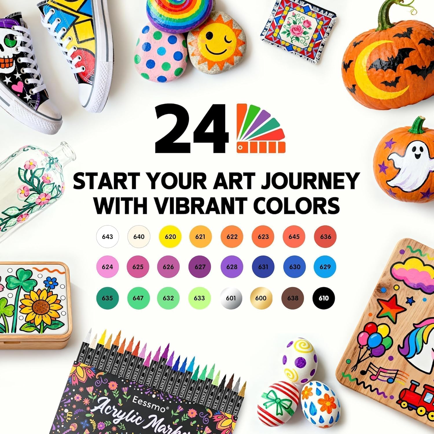 Thumbnail 6 de Eessmo 24 Colours Dual Tip Acrylic Paint Markers (fine tip & brush tip) for rock painting and crafts