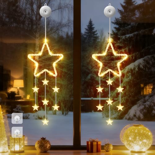 Detalle de Dankeled LED Sterne Weihnachtsbeleuchtung – 2er Fenster-Lichterkette mit Timer, warmweiß, 8 Modi