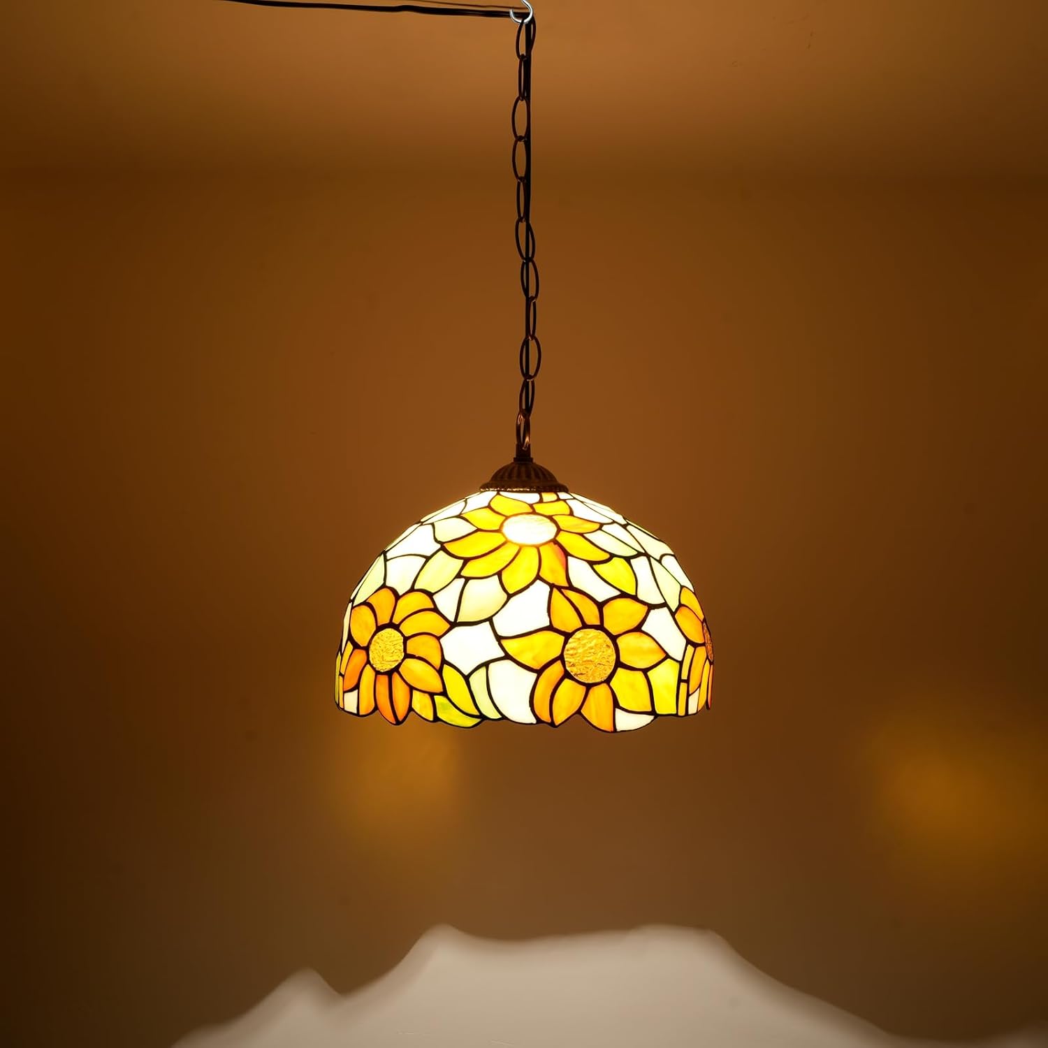 Detalle de Tiffany Pendelleuchte 12 Zoll Gelbe Sonnenblume – Vintage Buntglas Pendellampe