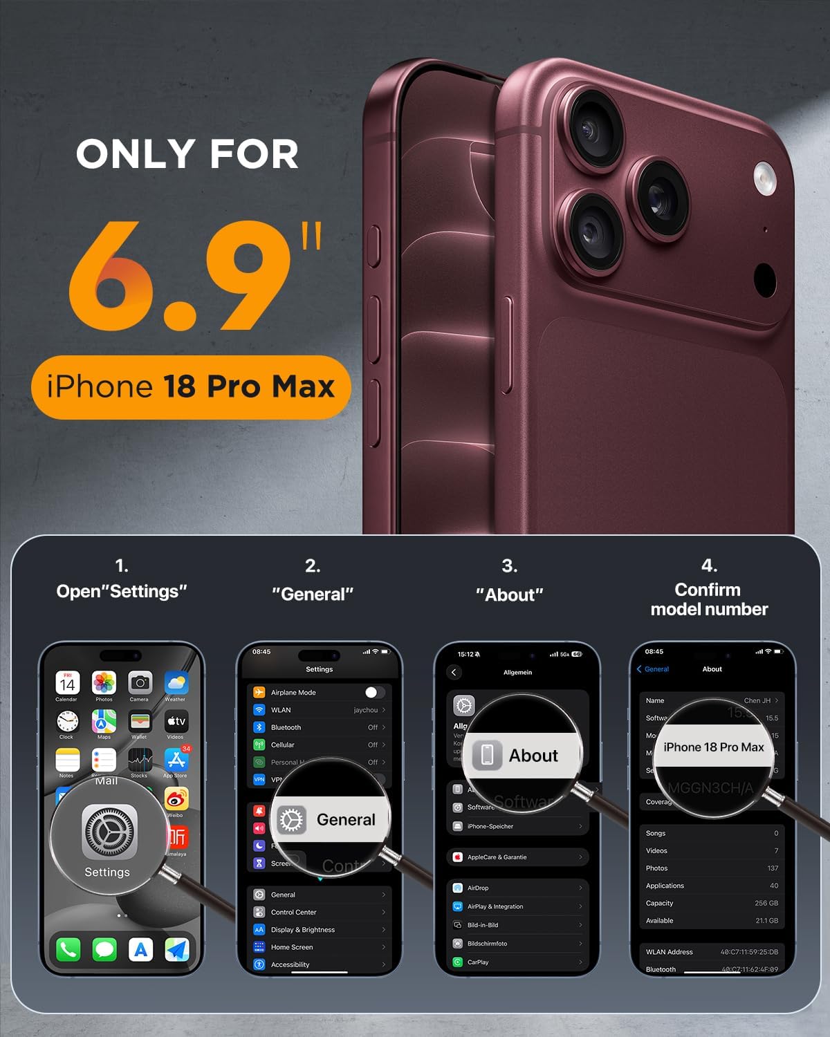 Thumbnail 2 de Miracase iPhone 18 Pro Max Case with Privacy Glass, MagSafe, Burgundy