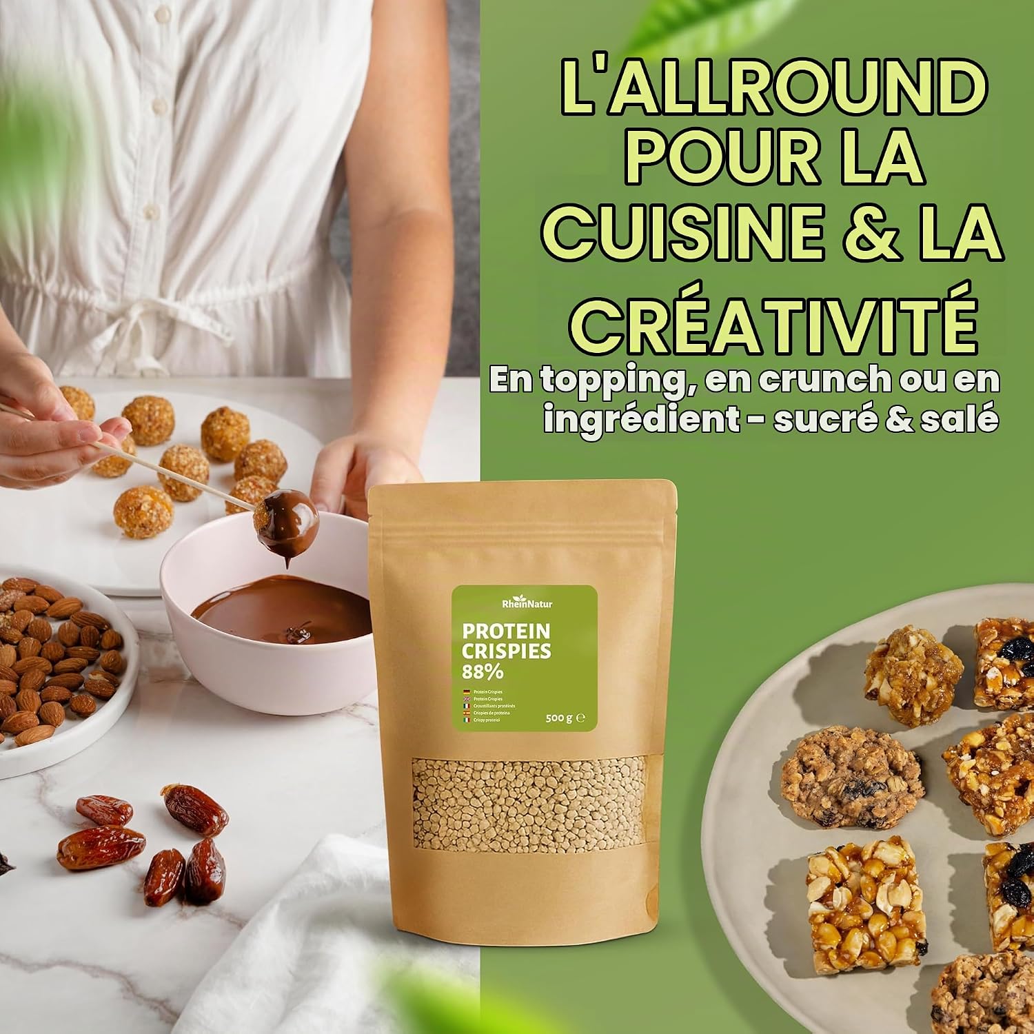 Detalle de RheinNatur soja-eiwitcrispies, 88% eiwit, vegan, 500 g
