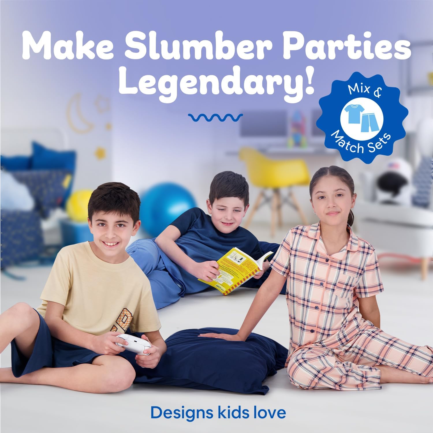 Thumbnail 4 de US Angels Boys Pajamas Set | 3-Piece Sleepwear (Pant, Shirt, Shorts) in Blue Plaid