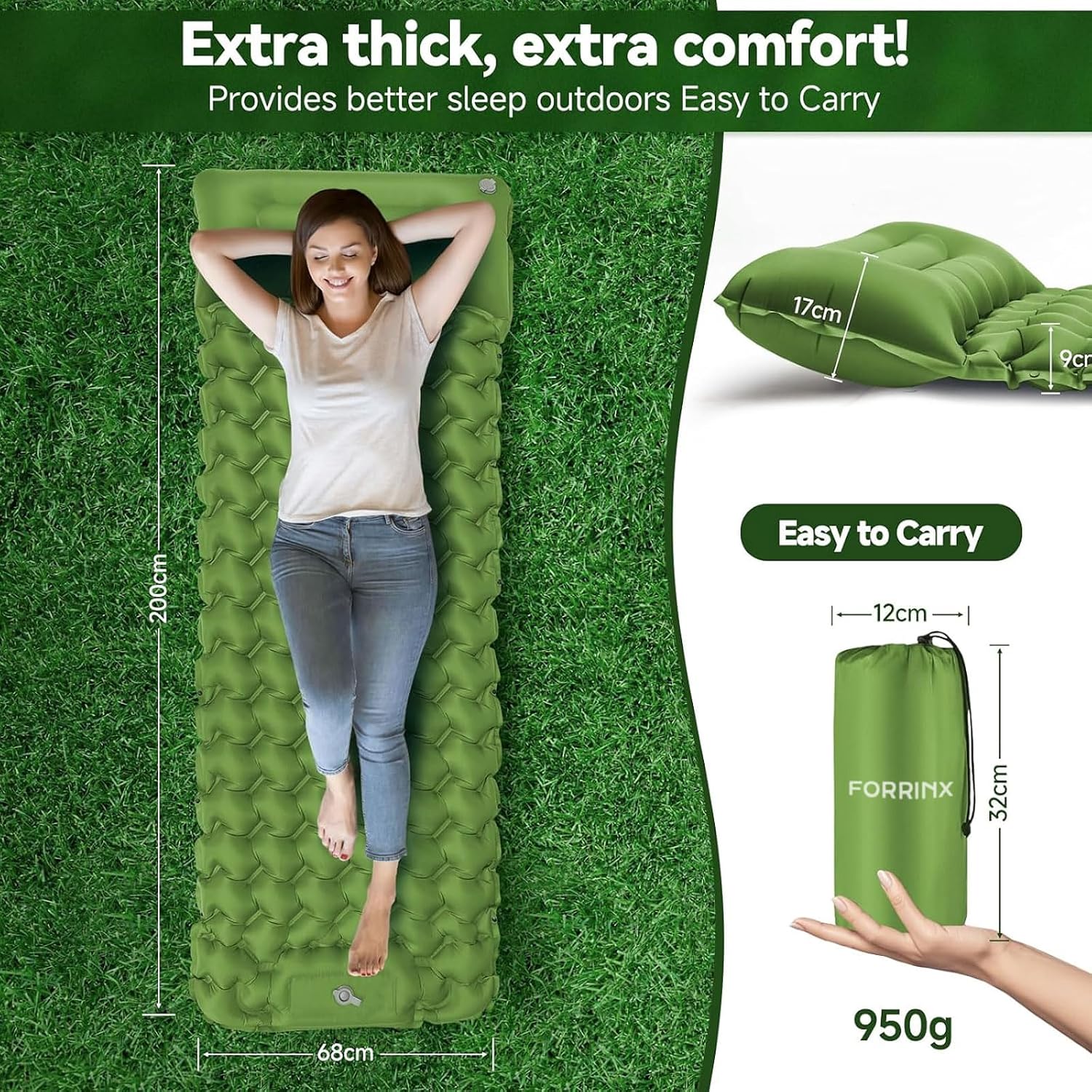 Detalle de FORRINX Isomatte Camping Luftmatratze Ultraleicht – 9 cm Komfort, 200 × 68 cm, 950 g