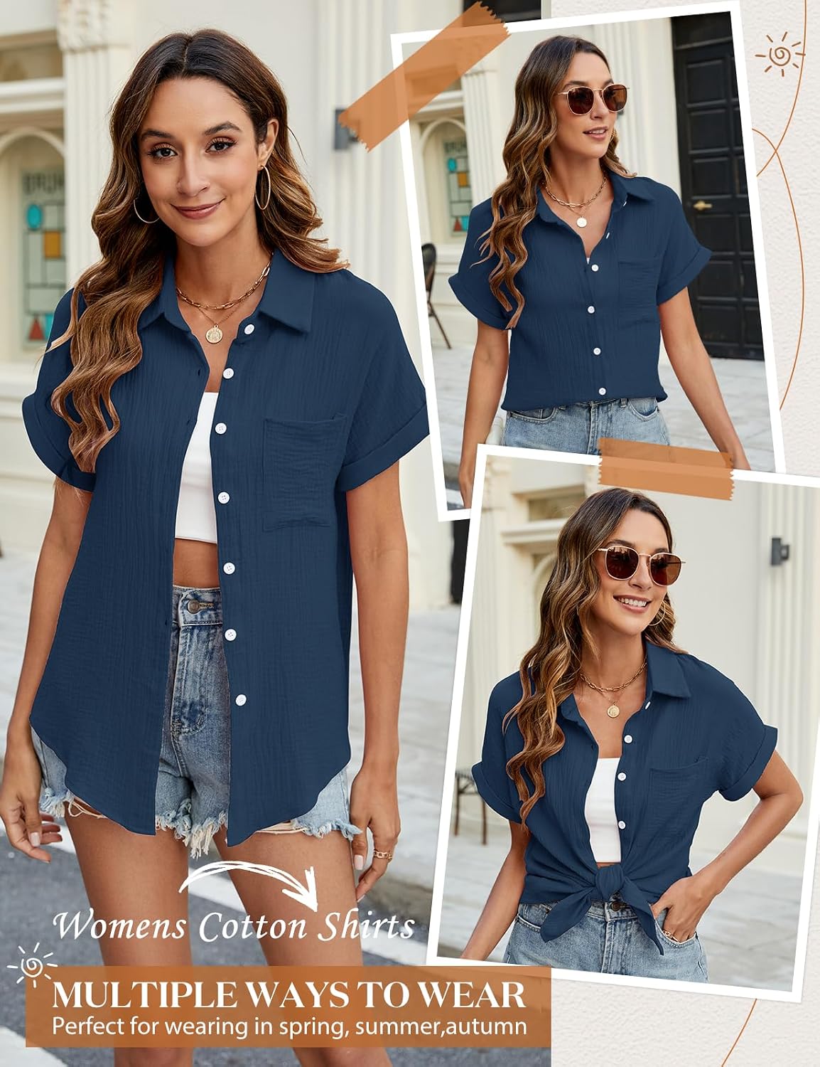 Detalle de PASUDA camicia donna estiva in cotone con scollo a V e bottoni, manica corta casual elegante