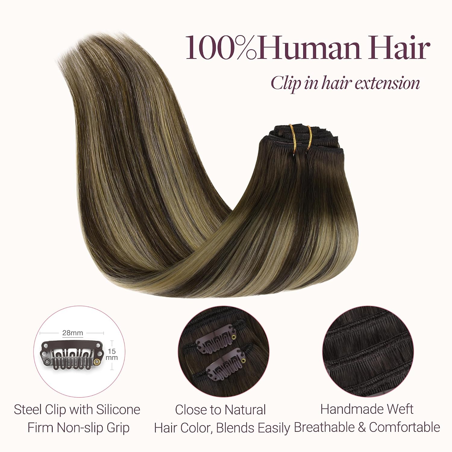 Thumbnail 2 de GOO GOO Clip in Echthaar Extensions 45 cm, 120 g, 7 Stück – Echthaar Clip-Extensions in 4/26/4 Schokobraun bis Honigblond