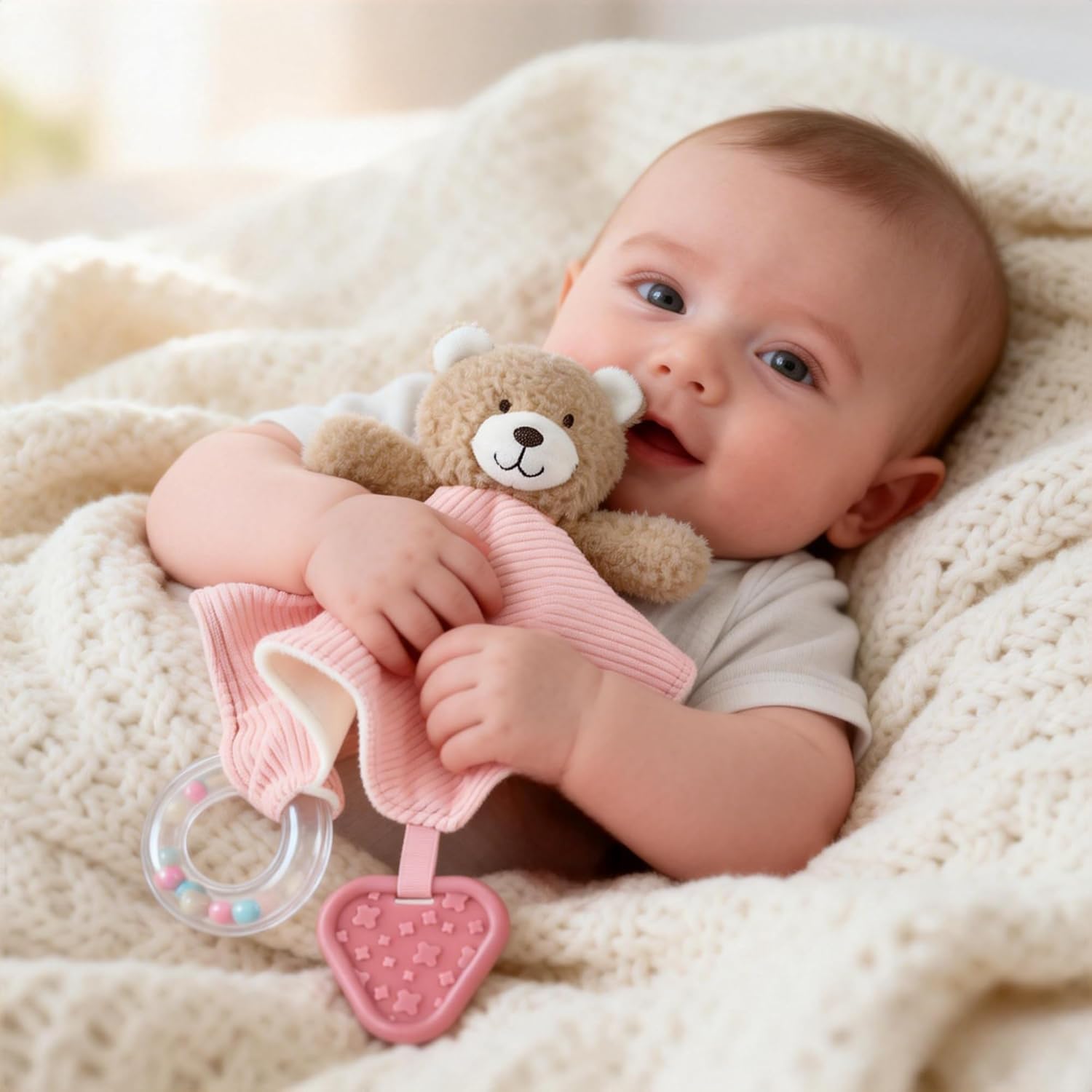 Thumbnail 2 de CREVENT 3-in-1 Baby Lovey Blanket with Teether & Rattle – Pink Bear