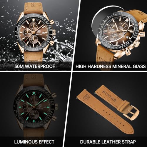 Detalle 2 de BENYAR BY-5140 Men's Analogue Quartz Chronograph Watch with Brown Leather Strap