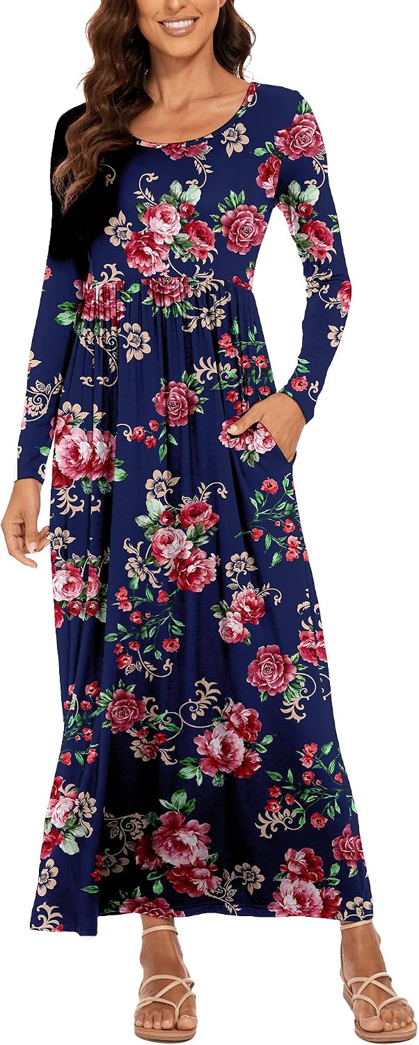Detalle de DEARCASE Damen Maxi Kleid Sommer Mutterschaft Casual Langarm/Kurzarm Floral – Lose Passform, Taschen und Plusgröße