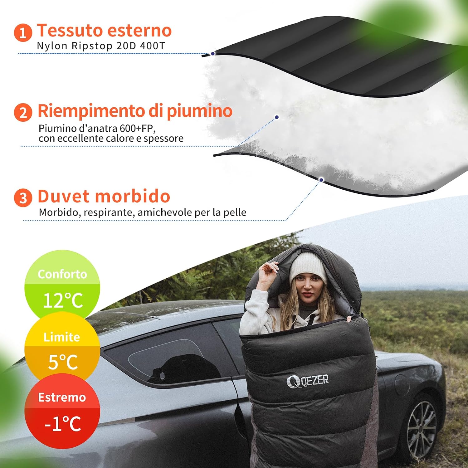 Detalle de QEZER Sacco a pelo ultraleggero in piuma per adulti e bambini, 12°C a -8°C, 1080 g–2140 g (4 stagioni) per campeggio e trekking
