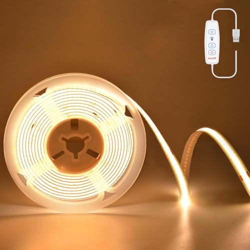 Detalle de Kimuwote Tira LED COB 3 m USB 5 V, 960 LED, 3000 K, atenuable y fácil de instalar