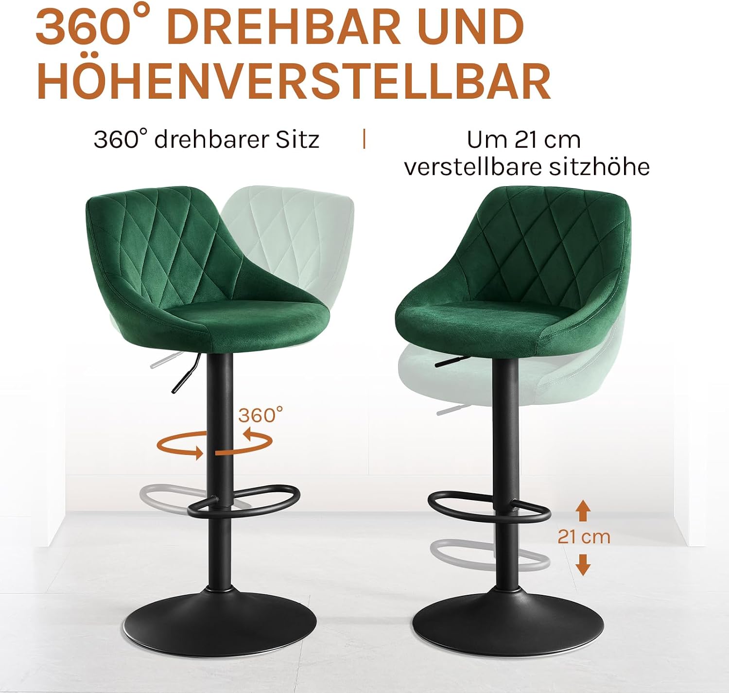Thumbnail 5 de WOLTU Barhocker 2er Set mit Lehne, höhenverstellbar & drehbar (dunkelgrün)