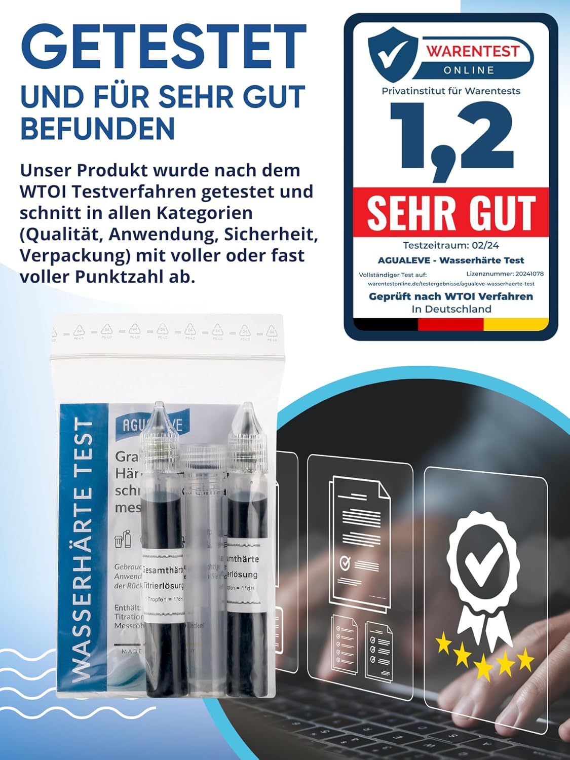 Thumbnail 6 de AGUALEVE Wasserhärte Test (Titration) bis 24 °dH – schnell & einfach Wasserhärte messen, 2× 15 ml