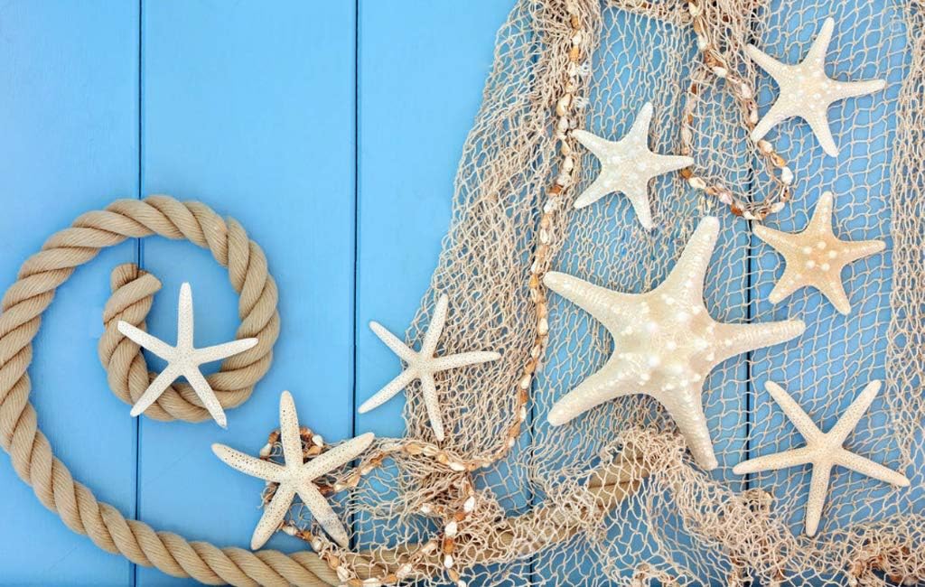 Detalle de Nature Fish Net Wanddekoration mit Muscheln und 10 Seesternen – Mediterraner Stil, 150 cm × 200 cm