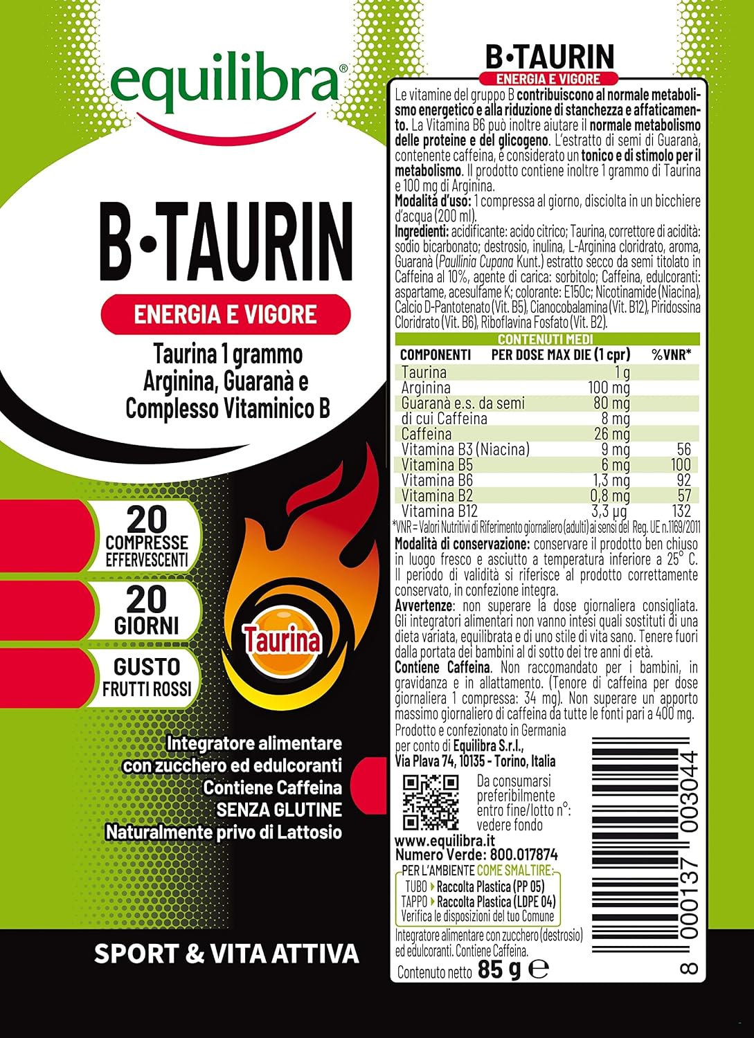 Thumbnail 2 de Equilibra B-Taurin: integratore effervescente con taurina, arginina, guaranà e vitamine del gruppo B (3 confezioni da 20 compresse)