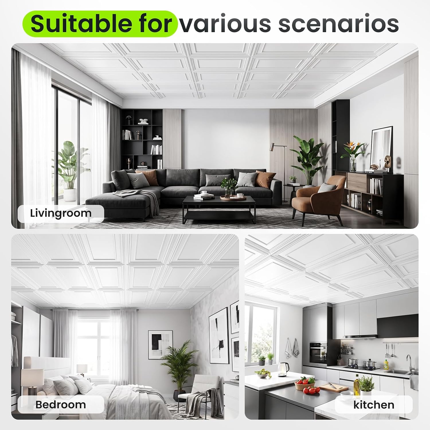 Thumbnail 5 de LooYee 2 x 4 FT PVC Drop Ceiling Tiles, White Waterproof 24-Pack