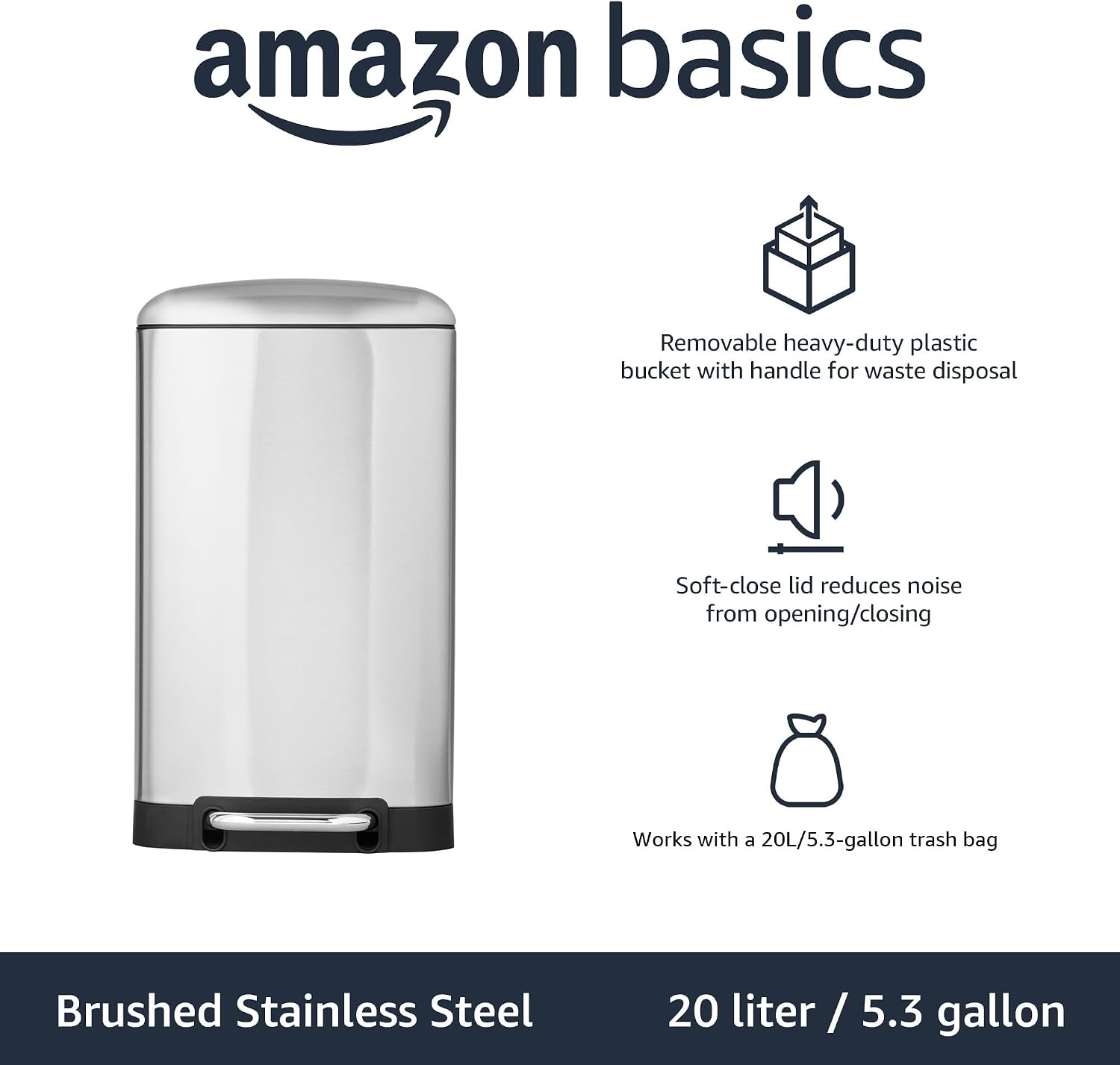 Detalle de Amazon Basics kosz na śmieci 20 l ze stali nierdzewnej, z pedałem i cichym zamykaniem
