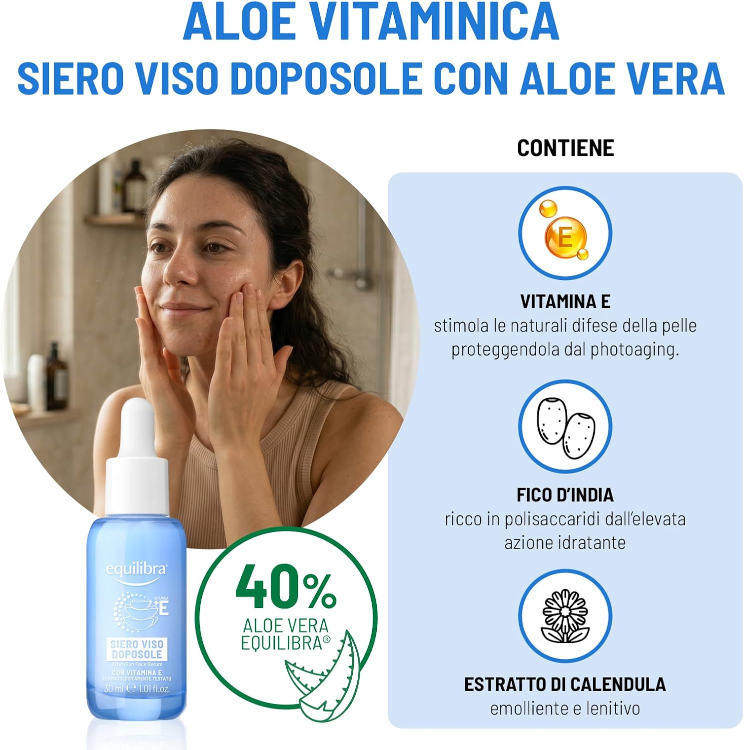 Detalle de Equilibra Siero Viso Doposole 30 ml – Aloe Vera 40%, Vitamina E e Olio di Mandorle Dolci