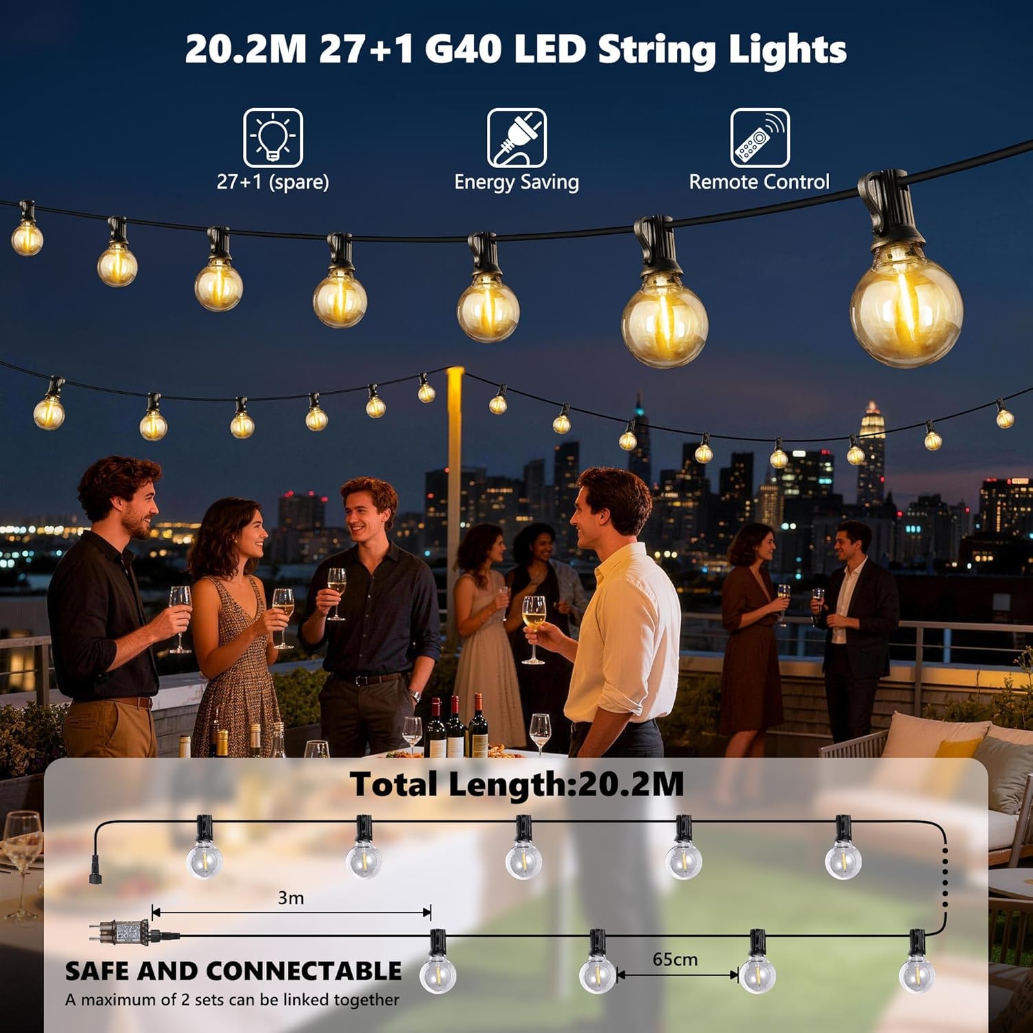 Thumbnail 4 de Joomer LED Lichterkette Außen 20,2 m (27+1 LED G40) – warmweiß, IP65, 3 Modi & Fernbedienung