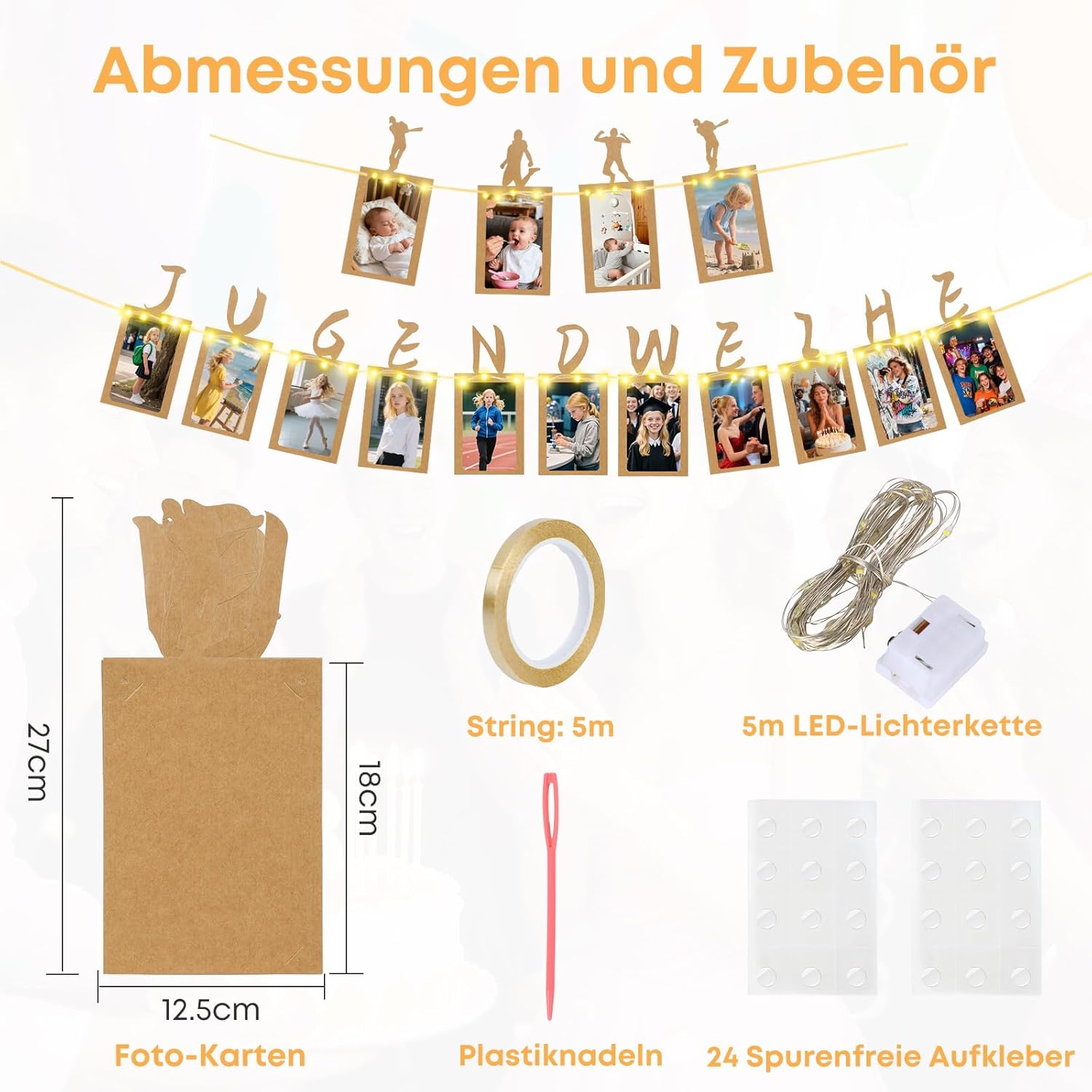 Thumbnail 1 de Seutgjie Fotogirlande zur Jugendweihe mit LED-Lichterkette und 15 Glitzerkarten für Fotos „Endlich Erwachsen“