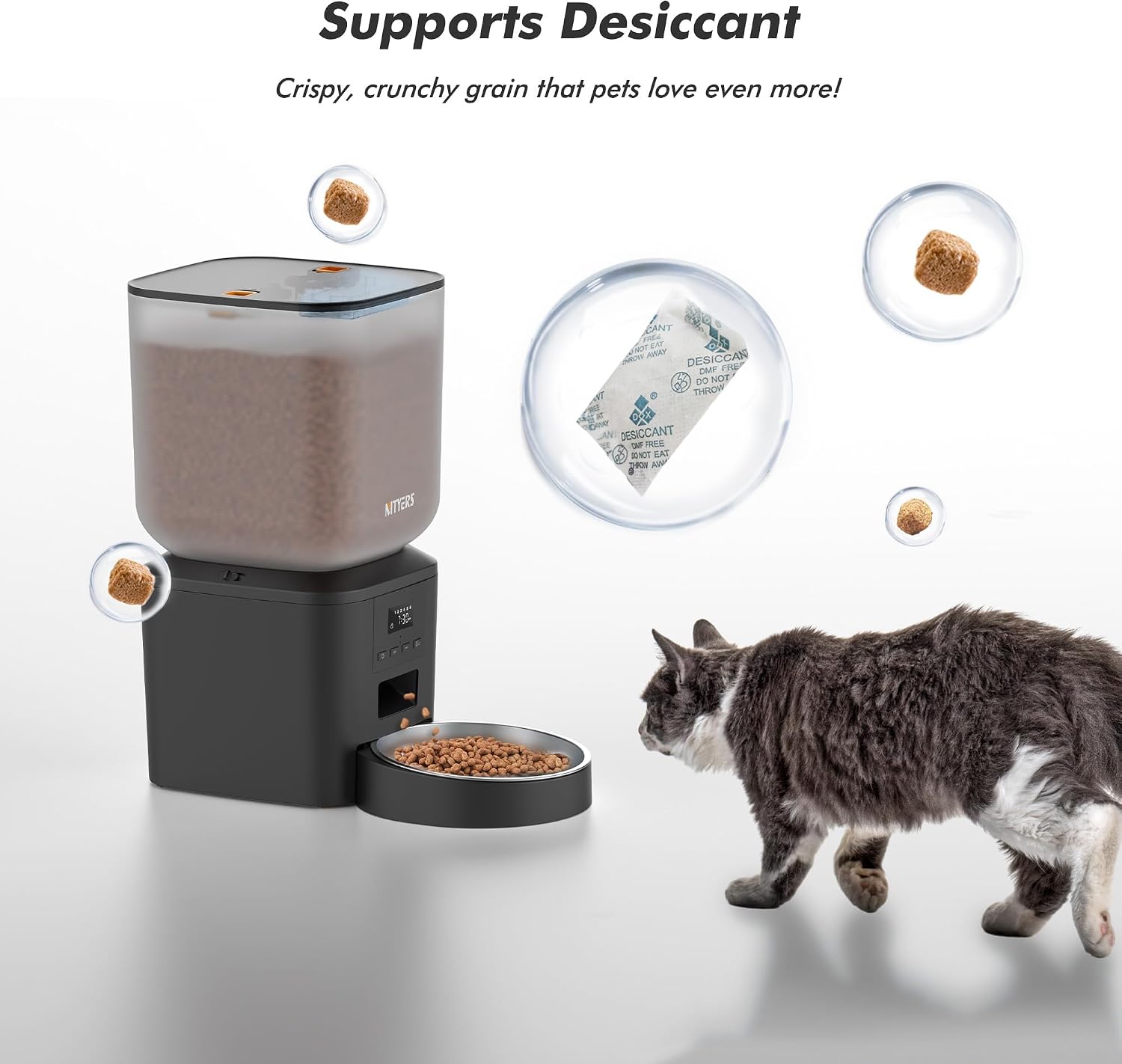 Detalle de Automatic Cat Feeder 8L Anti-Clog with Timer and Stainless Steel Bowl