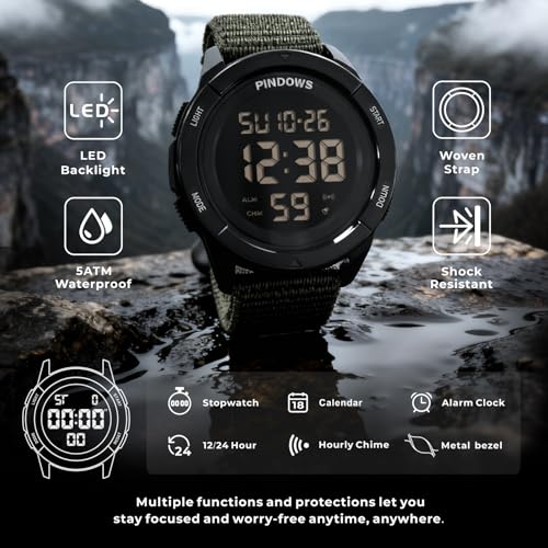 Thumbnail 2 de PINDOWS Herren Digitaluhr: 50m Wasserdicht, Militär-Taktisch für Outdoor & Sport