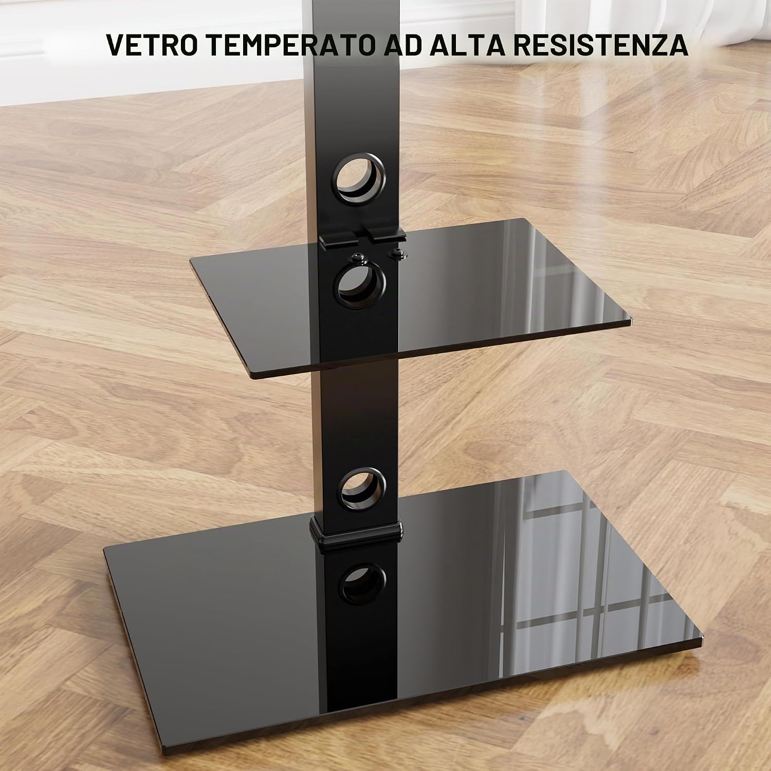 Thumbnail 5 de BONTEC Supporto TV da pavimento universale 30–70 pollici, altezza regolabile e ripiani in vetro temperato