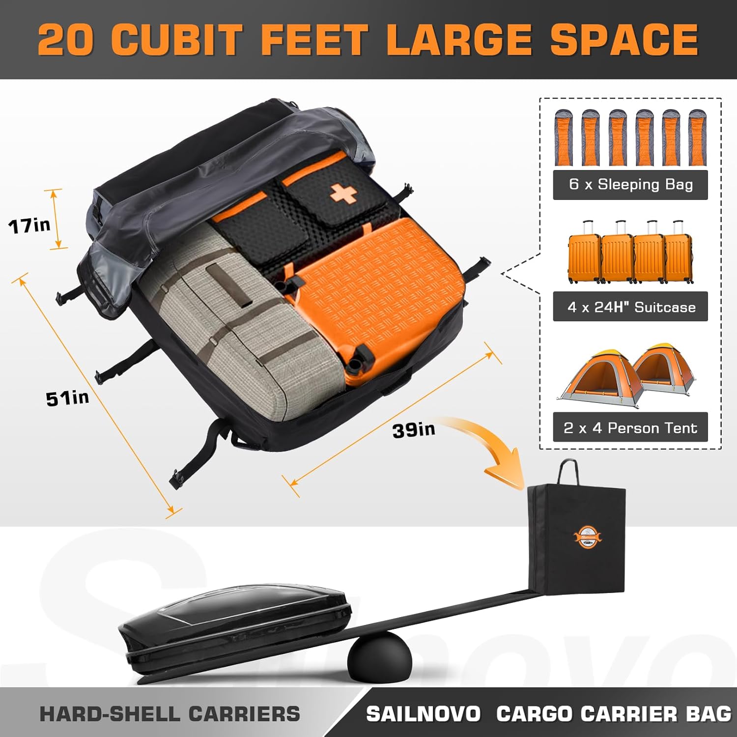 Detalle de Sailnovo Car Roof Bag 20 Cubic Feet Foldable Soft Roof Box with 6 Straps and 6 Door Hooks