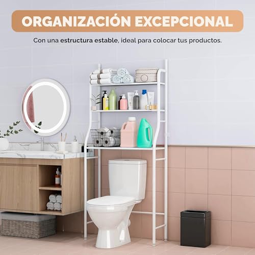 Detalle 2 de JUPPLIES Estantería Baño sobre Inodoro (47×26×153 cm) – Mueble auxiliar de 3 niveles en metal blanco