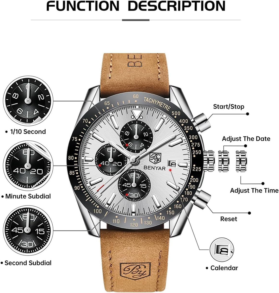 Thumbnail 6 de BENYAR Herrenuhr Analog Quartz Chronograph – 45 mm, Lederband, 30M Wasserdicht